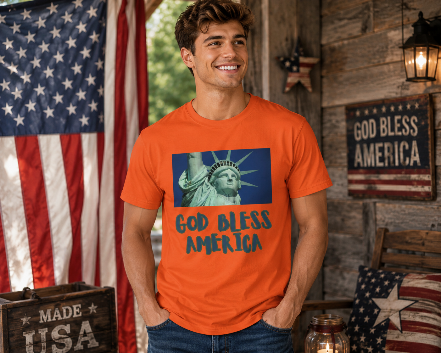 God Bless America T-Shirt (White, Orange)